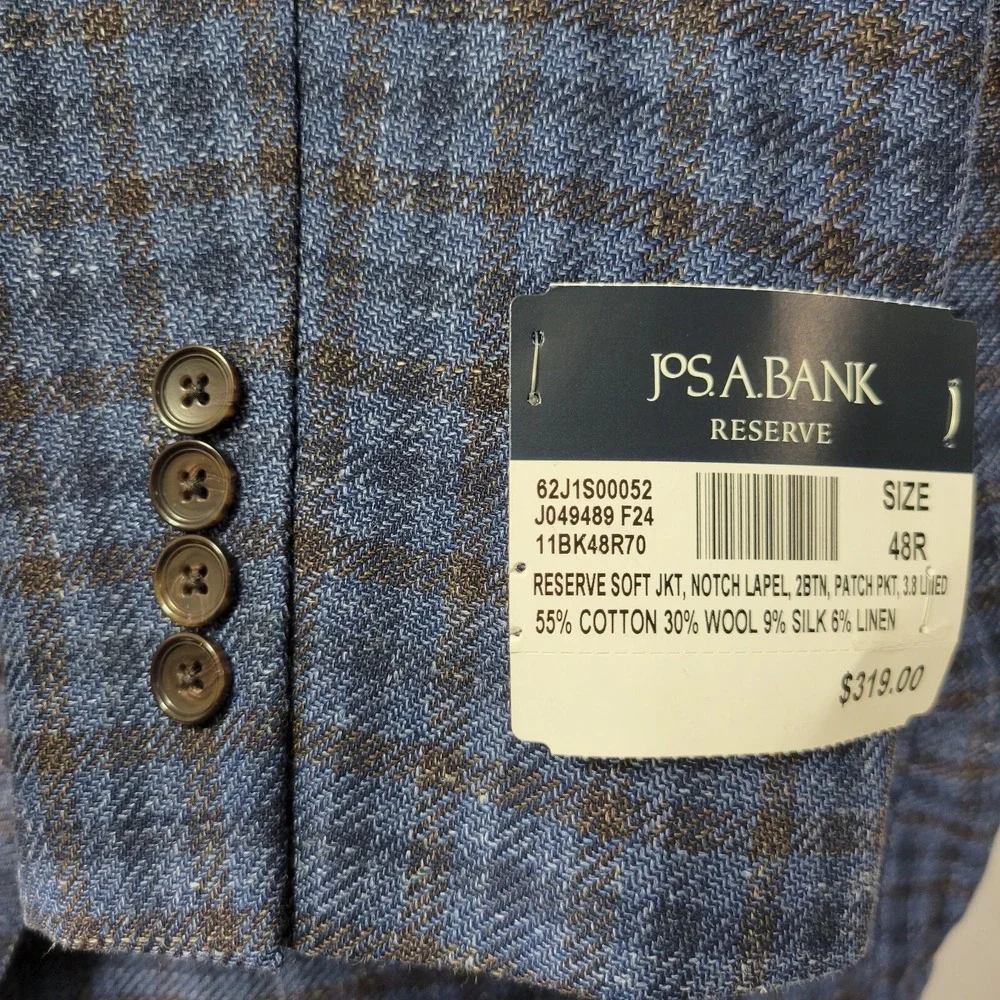 JOS A BANK Mens‎ Sport Coat Cotton Wool Silk Linen Navy Brown Checked 48R NEW